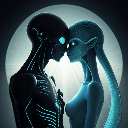 AI generated: An alien and a human merging together to create a new plane of existence, their bodies transcending ...