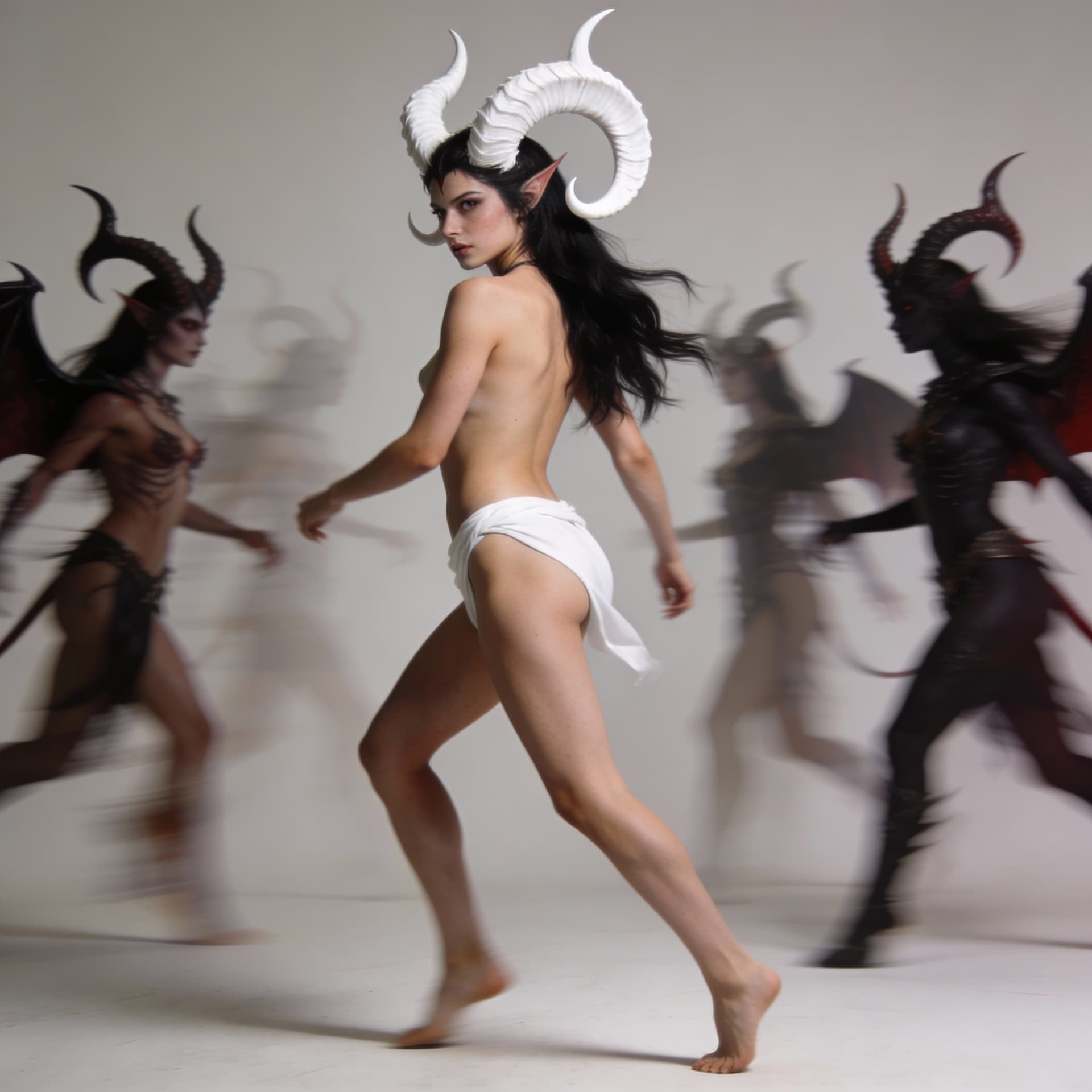 AI generated: Studio photography, photorealism, full body shot of a young very beautiful European black haired fem...