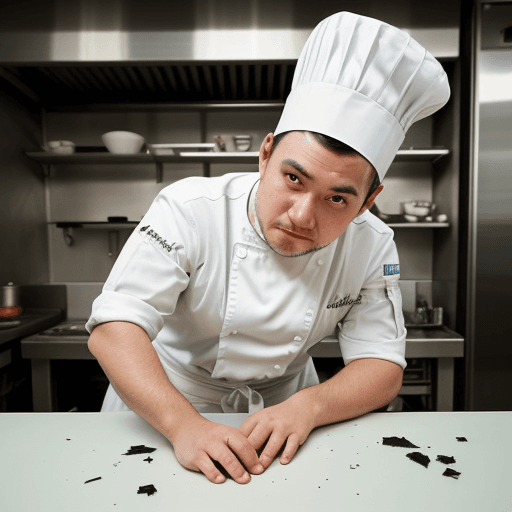 AI generated: now draw this chef under the table with broken glass next to it