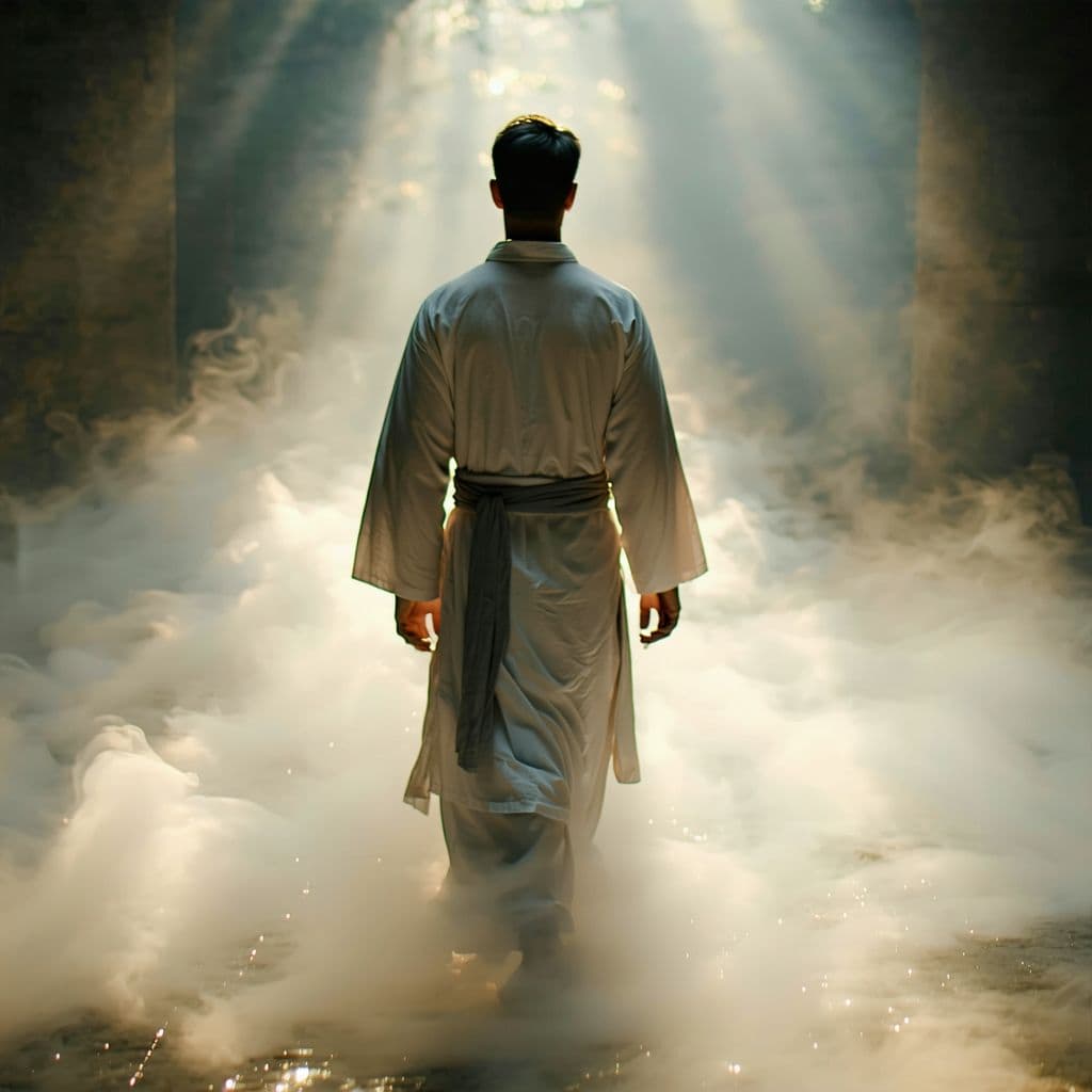 AI generated: A fine art, hyper-realistic, cinematic image of a man wearing a white long cotton robe with a sash, ...