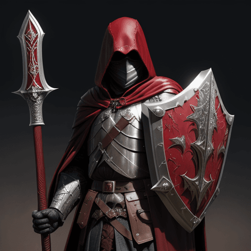 AI generated:  man cleric from the Middle Ages, with face covered by shade of dark-red hood, in scaled armour and ...