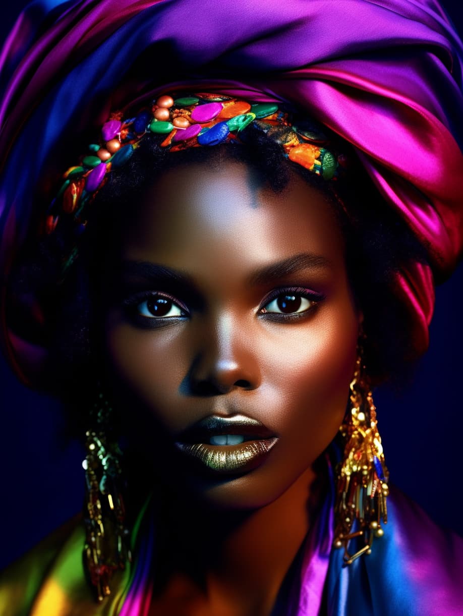 AI generated: fashion portrait, face, black model, studio photography by David LaChapelle, looking at camera, high...