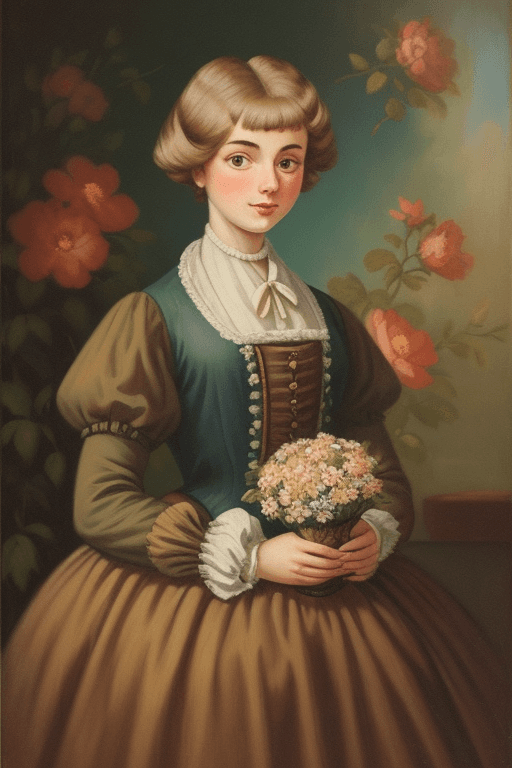 AI generated: a cat,Retro oil painting style，Vintage oil painting style, wearing 18th century style clothes,flower...