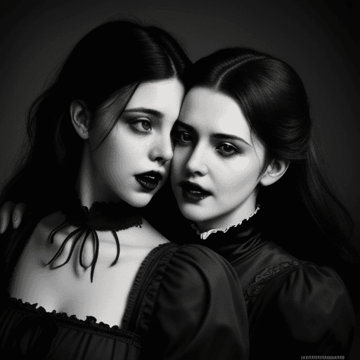 AI generated: Realistic handsome vampire opening mouth to bite woman's neck, woman's neck facing the camera, victo...