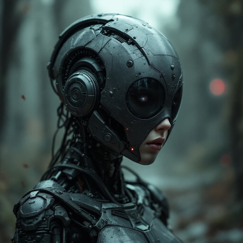 AI generated: Hyperdetailed photo, Mid Shot Photo, murderbot by matha wells, female, (human:robot:0.2), opaque mas...