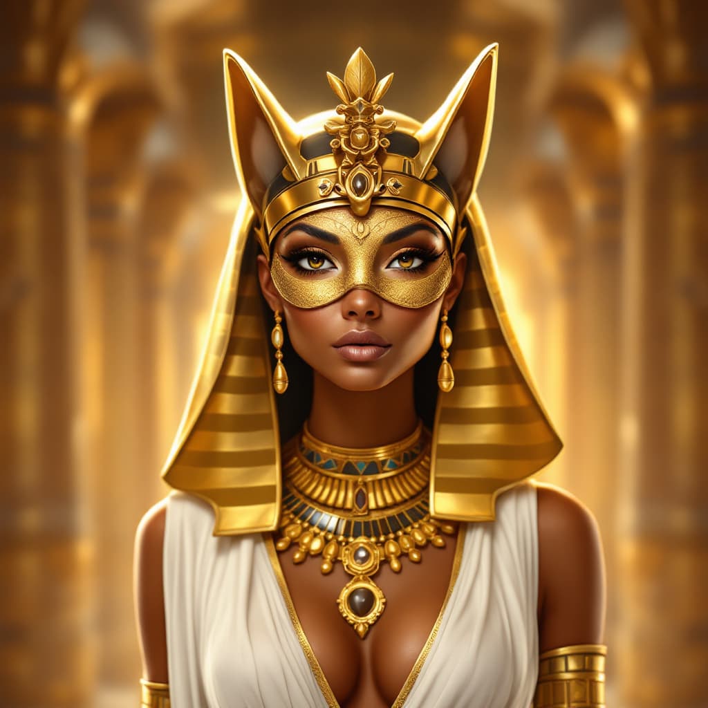 AI generated: portrait of Egyptian goddess Bastet, regal Egyptian woman with bronze skin, ethereal golden cat mask...