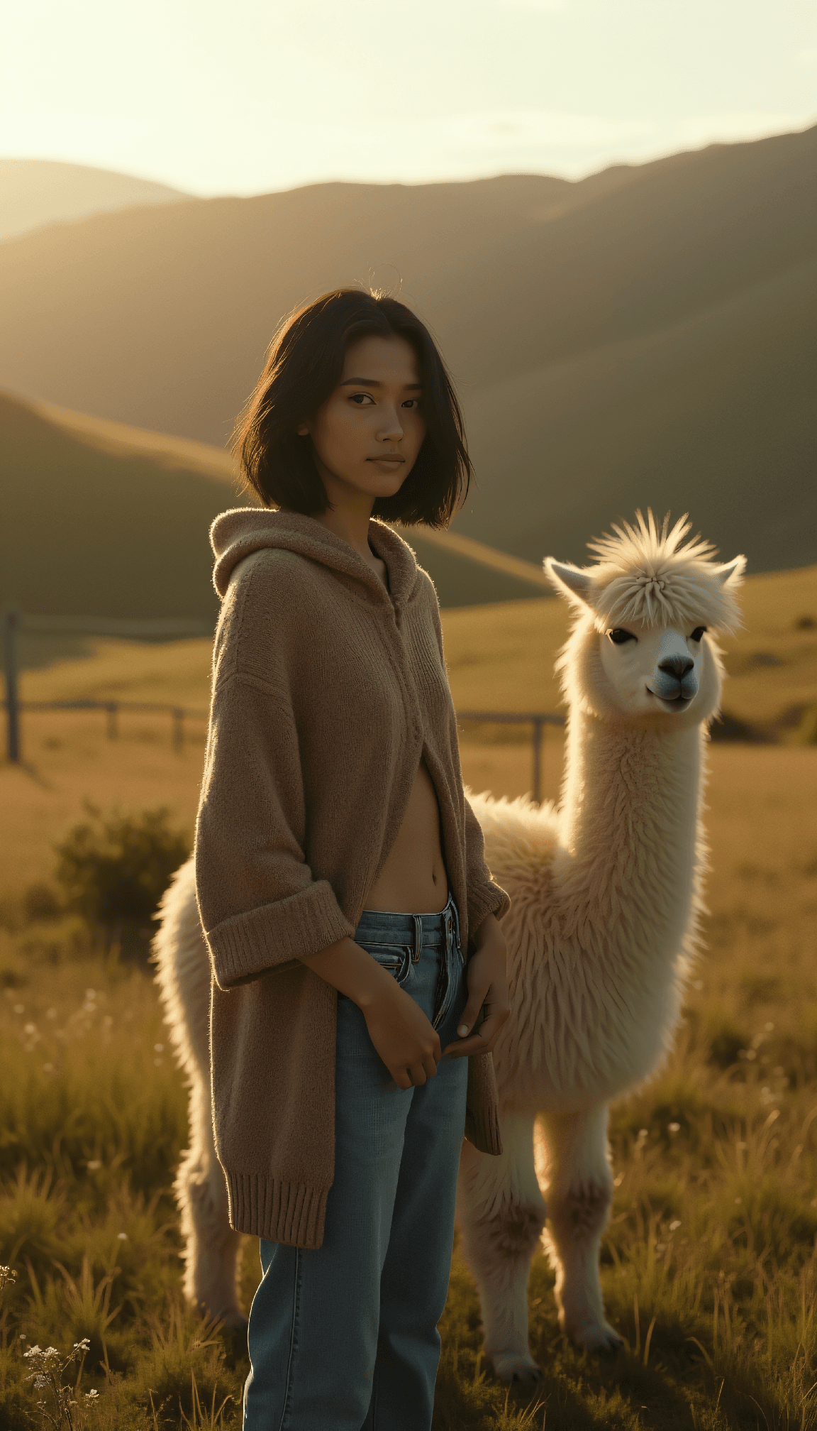 AI generated: dystopian style A beautiful young Burmese-MÄori woman in her mid-twenties standing beside a fluffy ...