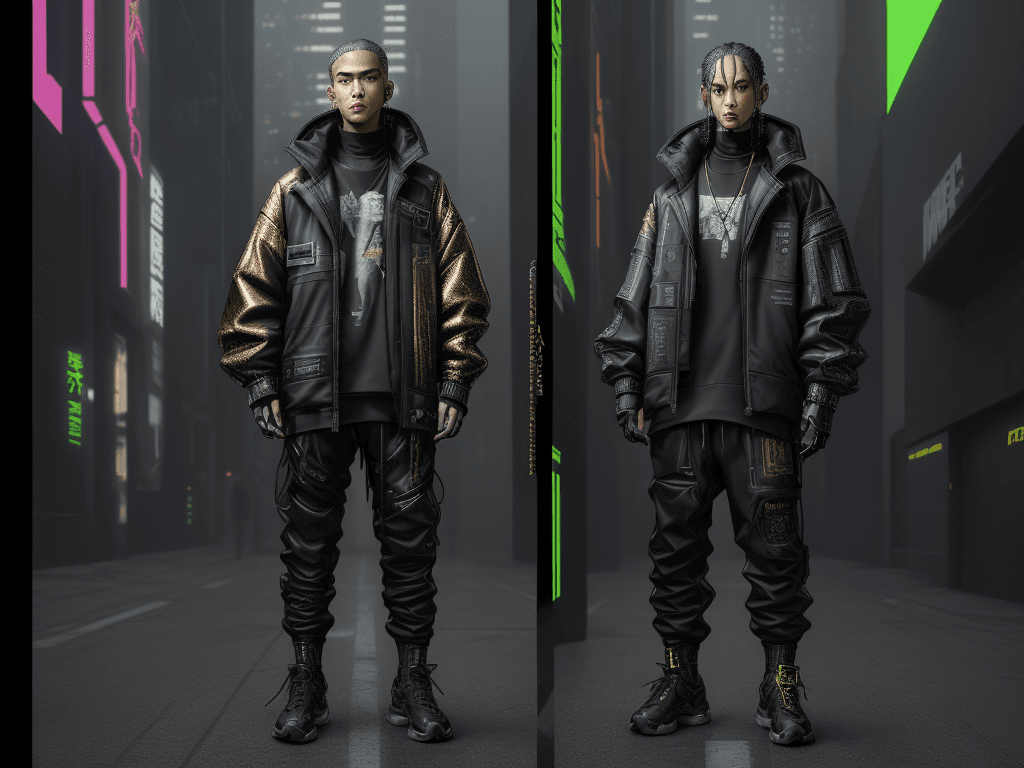 AI generated: cyberpunk guy techwear streetwear look and clothes, we can see them from feet to head, highly detail...