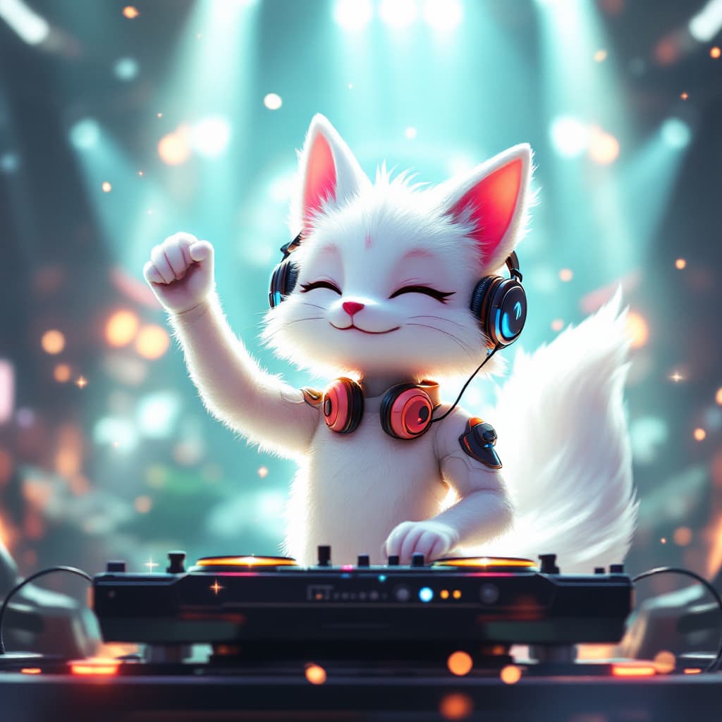 AI generated: No People in the background, white fox, thick tail, cat ears, 20s, DJing, machines are friends, wear...