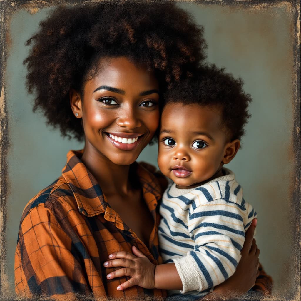 AI generated: image of a black mother with an afro hairstyle with her baby son 