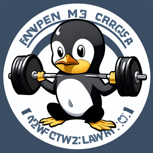 AI generated: A logo in a cartoon style of a penguin with abs lifting a barbell in a power clean position.