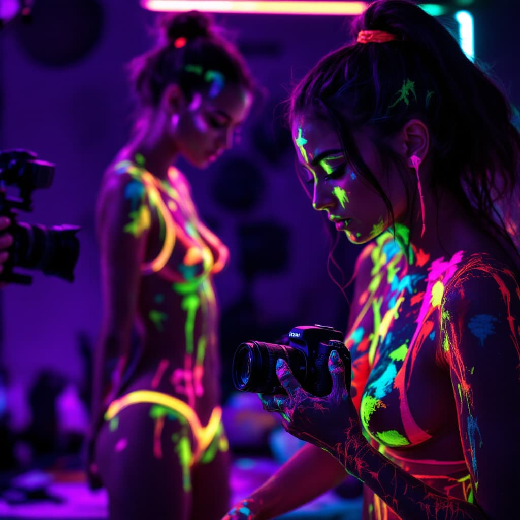 AI generated: A photorealistic scene of a woman in bright neon underwear being painted with bright neon body paint...