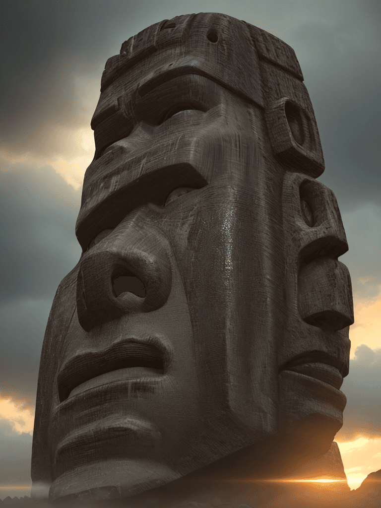 AI generated: Photo of a ultra realistic moai, , dramatic light, cinematic lighting, battered, low angle, trending...