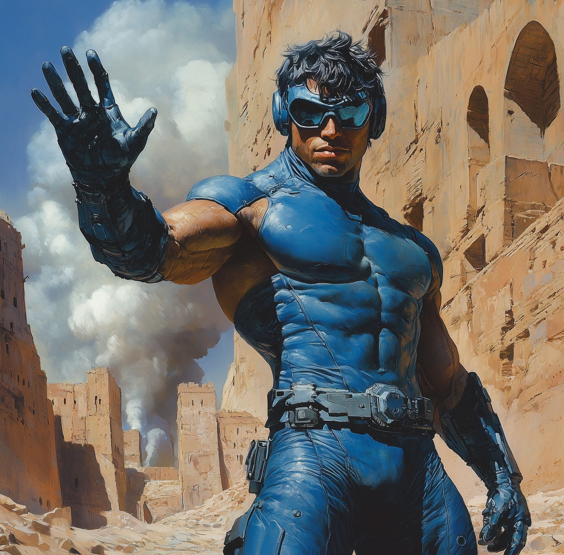 AI generated: A muscular man in blue body armor and futuristic goggles stands on the ground, abs, fit, waving his ...