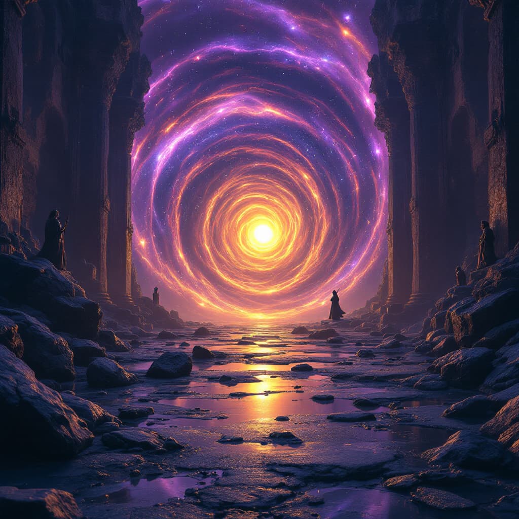 AI generated: Cinematic fantasy portal scene, swirling galaxy vortex, levitating rocks, broken statues, wet ground...