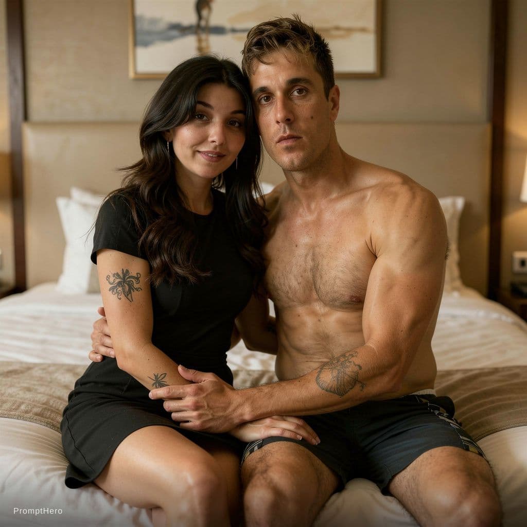 AI generated: Ultra-realistic sensual intimate couple portrait in luxury hotel bedroom, exactly the same man and w...