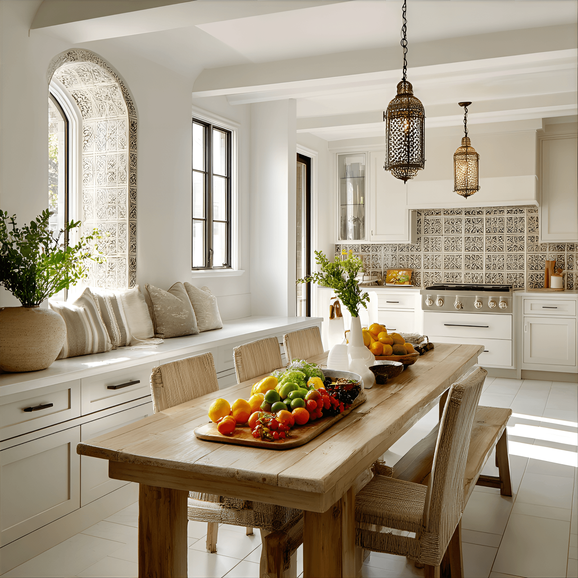 AI generated: A light and airy, Mediterranean-inspired kitchen with soft, warm colors, intricate tile work, and a ...