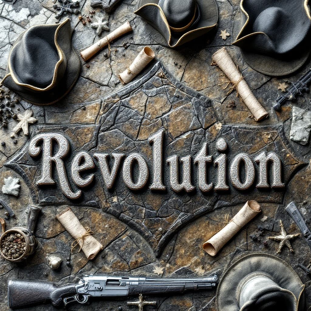 AI generated: "Revolution" carved in cracked granite, surrounded by muskets, tricorn hats, and rebel scrolls