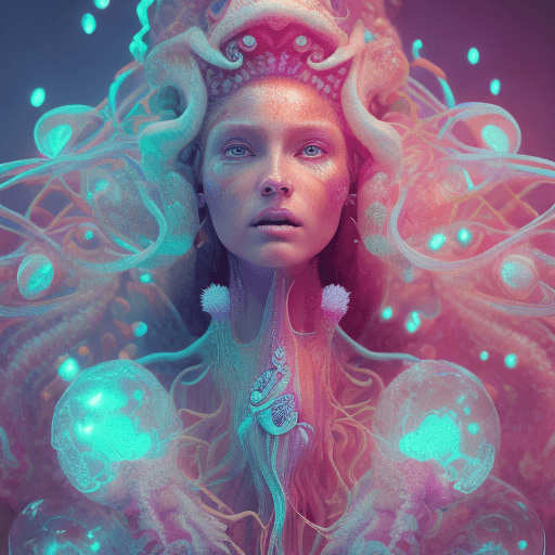 AI generated: Goddess close-up portrait ribcagel. jellyfish phoenix head, nautilus, orchid, skull, betta fish, bio...