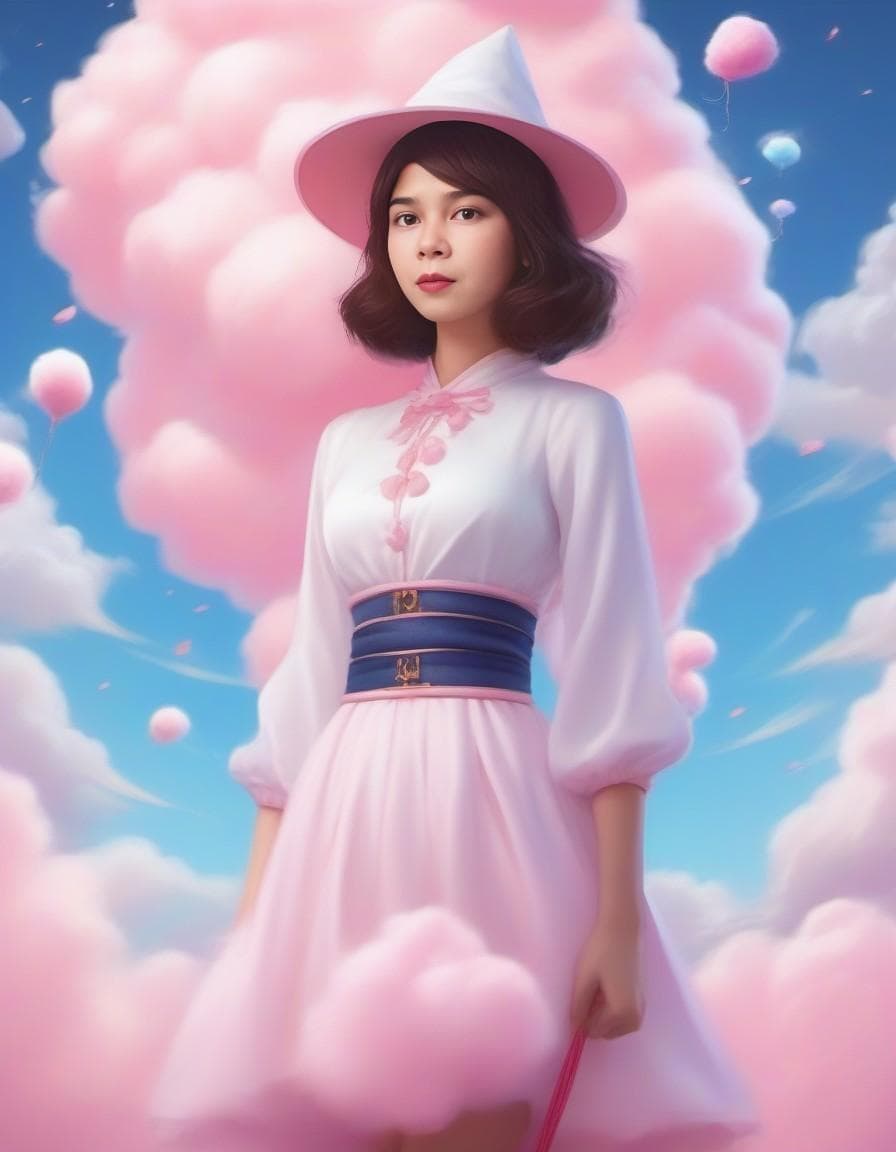 AI generated: In a highly detailed fantastical anime world, depict a mischievous witch, cotton candy clouds.