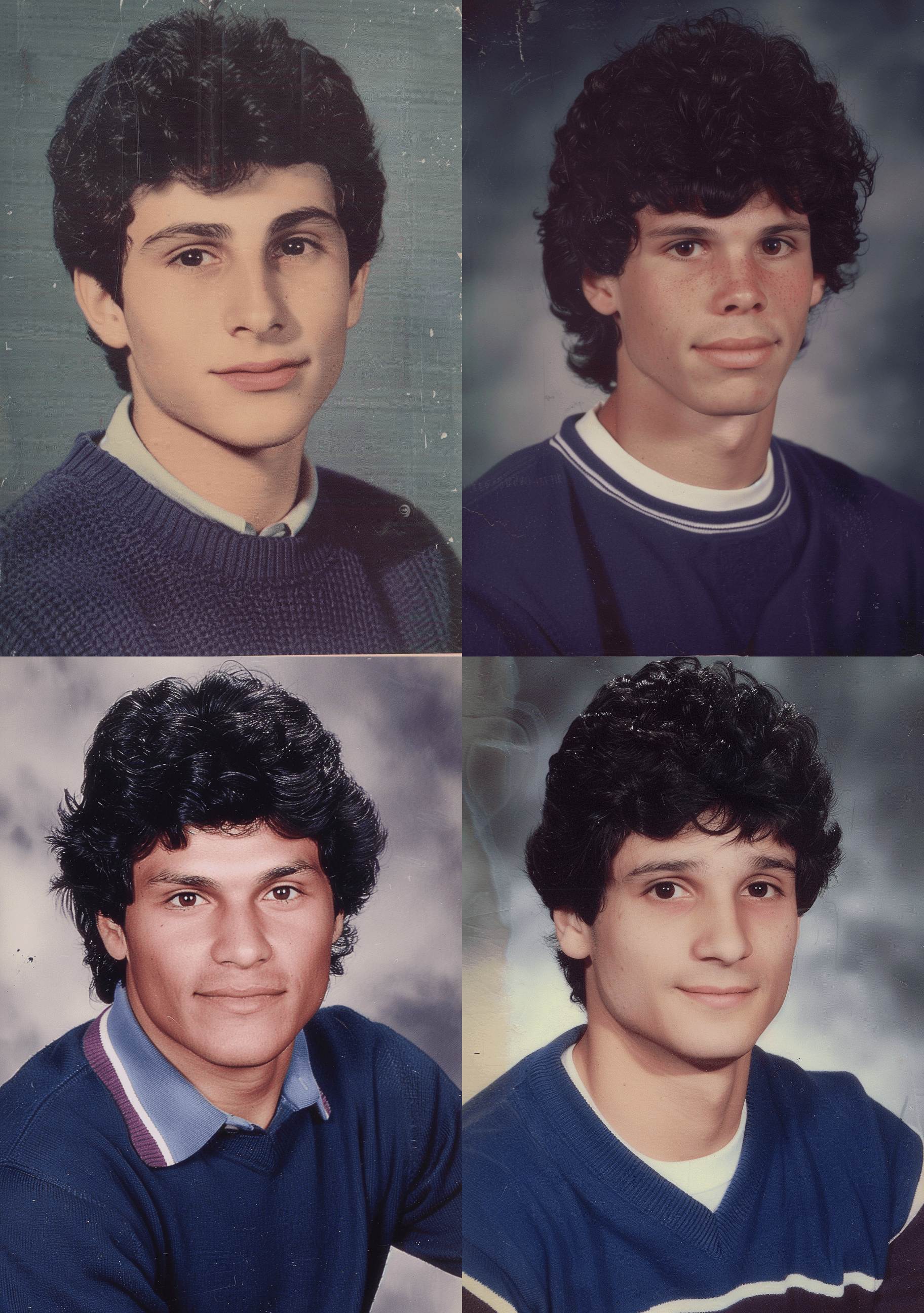 AI generated: A young man with black hair, wearing blue and white , is featured in an old school yearbook photo. H...