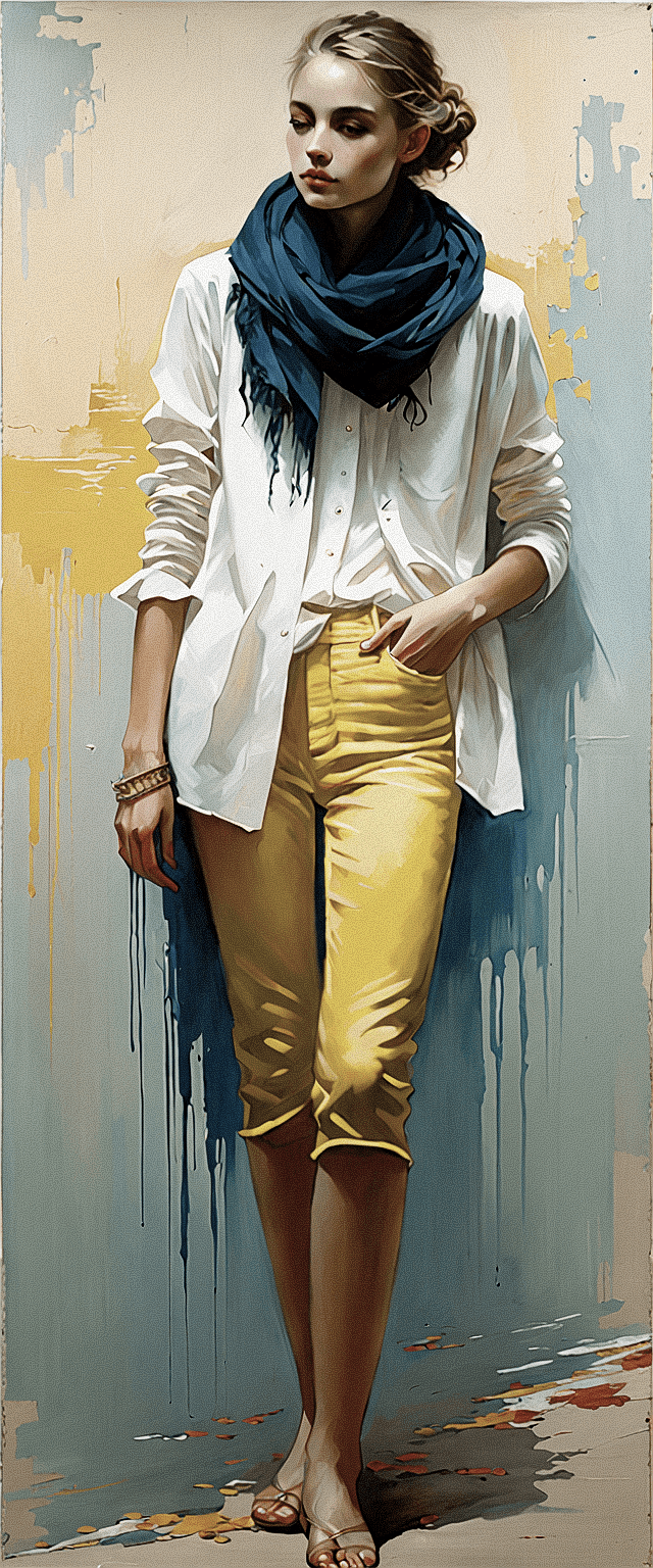 AI generated: An image of a woman stands poised against a textured backdrop that drips with abstract streaks of pa...