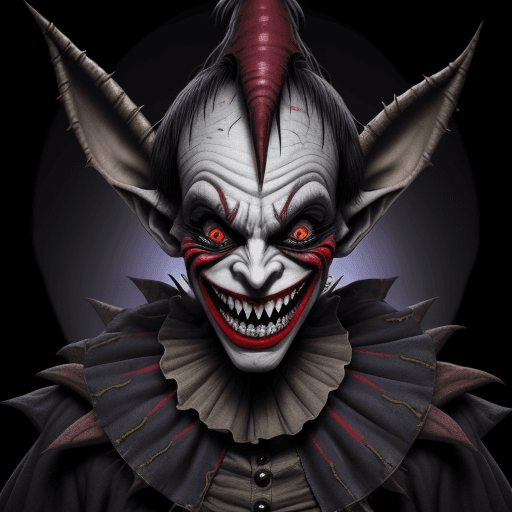 AI generated: An evil jester with monstrous features in a surreal scene. The jester has a twisted, unsettling smil...