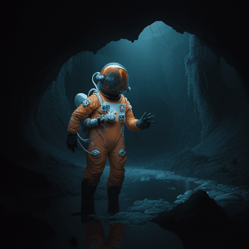 AI generated: classicnegative photo, a scary boy wearing an orange and white space suit hiding in a river in a dar...