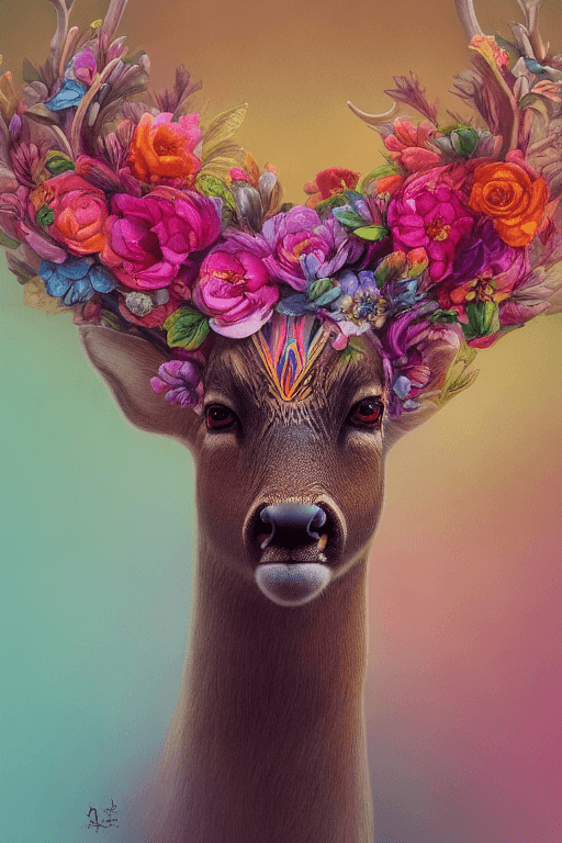 AI generated: a beautiful portrait of frindly deer, colorfull many small flower headpiece, symmetrical, closeup, h...