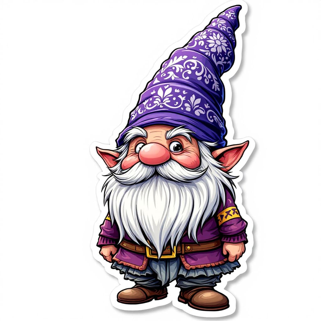 AI generated: A highly detailed full-body cartoon sticker of a whimsical gnome character. The gnome is wearing a v...