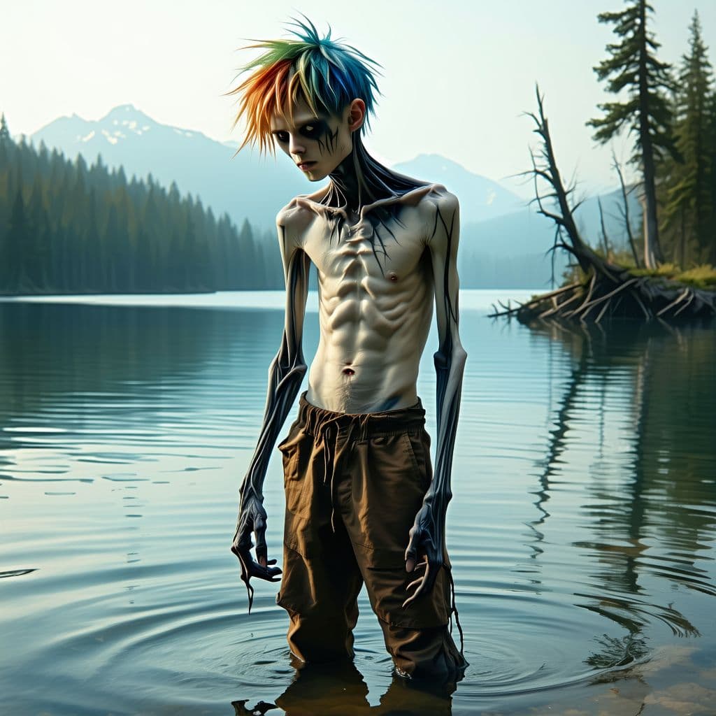 AI generated: very skinny goth punk guy, no muscles but wiry, thin, in extra large brown pants, shirtless, shaggy ...