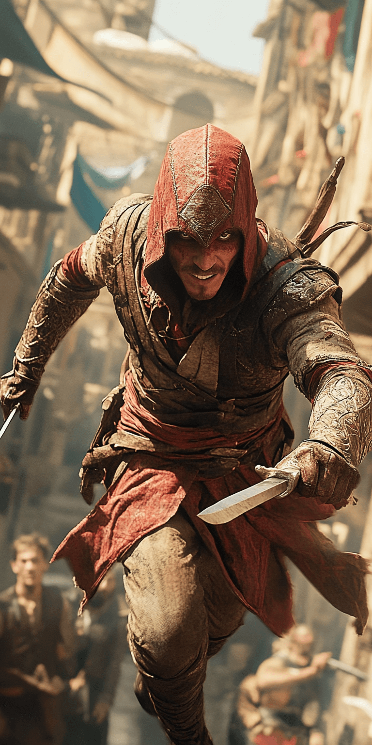 AI generated: Assassin's Creed action sequence, Aguilar de Nerha jumping from a tower, mid-flight, knives out, wid...
