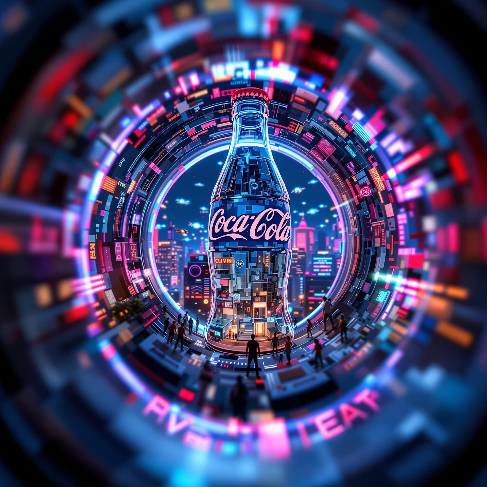 AI generated: Create a surreal and highly detailed 8k image viewed through the side of an old Coca Cola bottle. Fr...