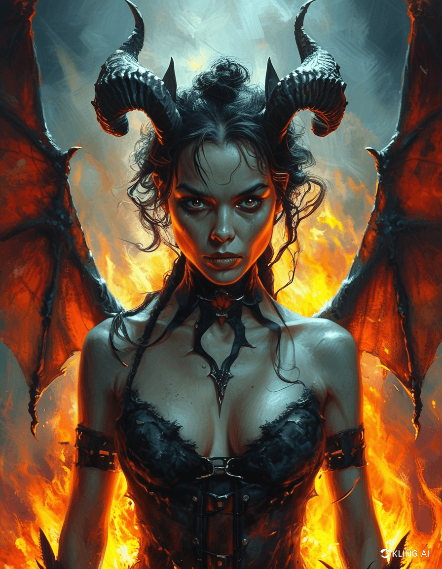AI generated: beautiful demon woman with horns and bat wings, dark fantasy painting in the style of Magali Villene...