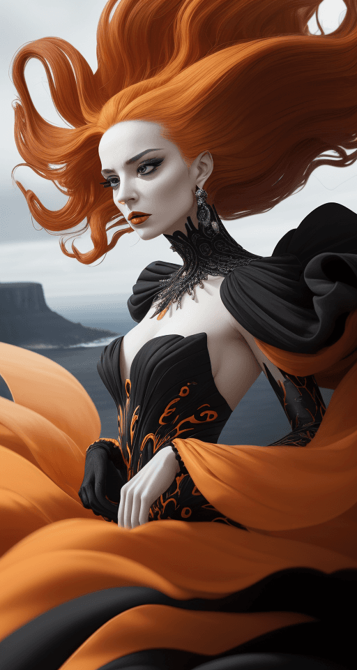 AI generated: An elegant woman in a surreal fashion setting, wearing a glamorous dress that blends vivid colors of...
