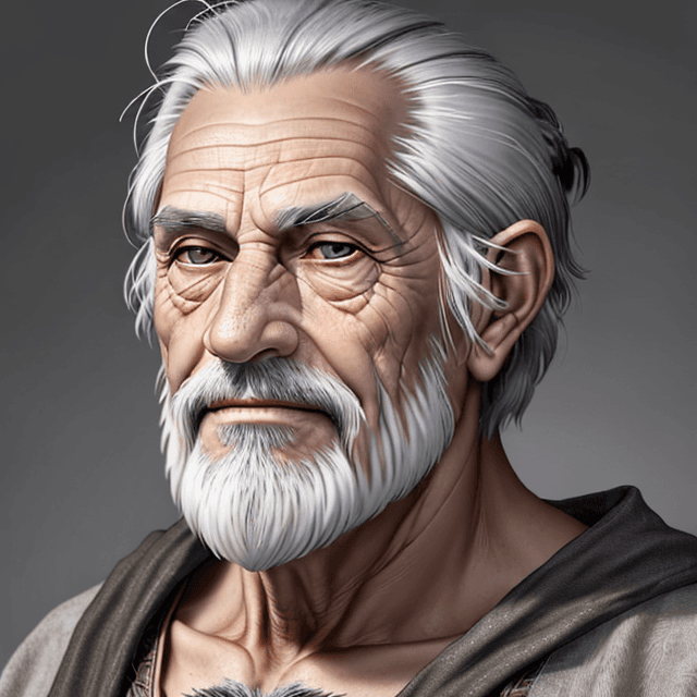 AI generated: frontal view portrait  of a face of a nice and wise old prehistoric man with  gray hair, frontal vie...