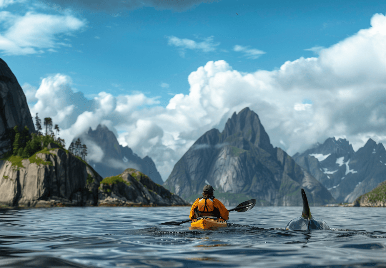 AI generated: kayak and killer whale <fjord> norway Lofoten <happy> realistic photo --ar 82:57 --v 6