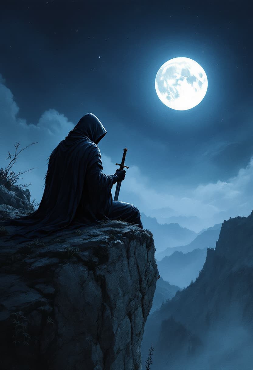 AI generated: A hooded figure sits on the edge of a cliff, holding a sword blade down, both hands on the hilt, loo...