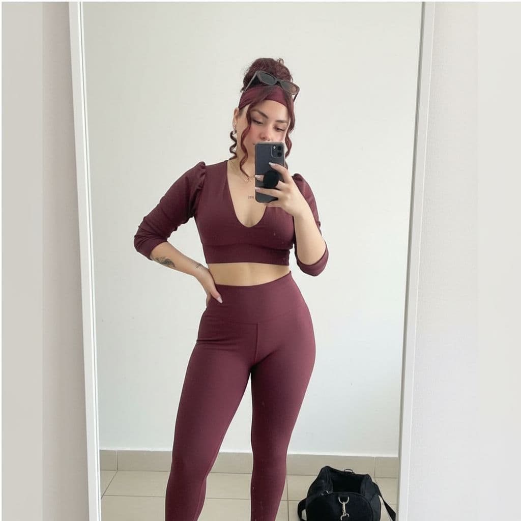 AI generated: Generate an image of her wearing gym clothes, taking a photo in front of the mirror before going to ...