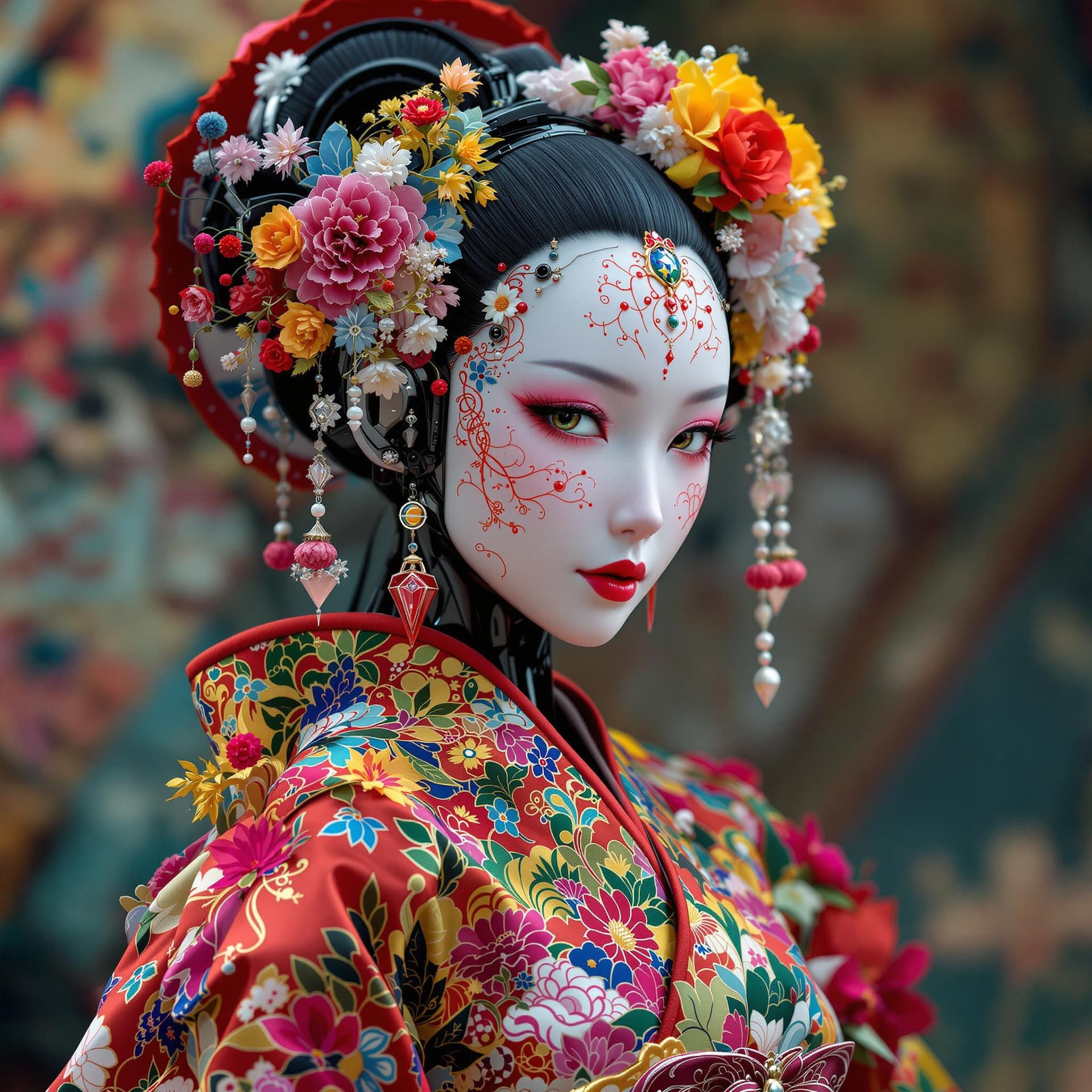 AI generated: A cyberpunk humanoid robot geisha, adorned in a vibrant and intricately detailed floral kimono, exud...