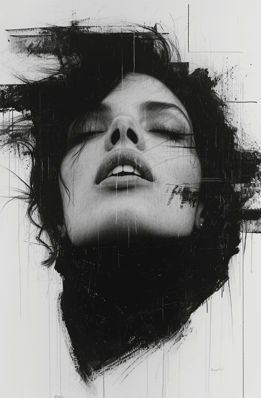 AI generated: a portrait of a woman in black and white, in the style of fluid brushwork, messy, hyperrealistic ill...