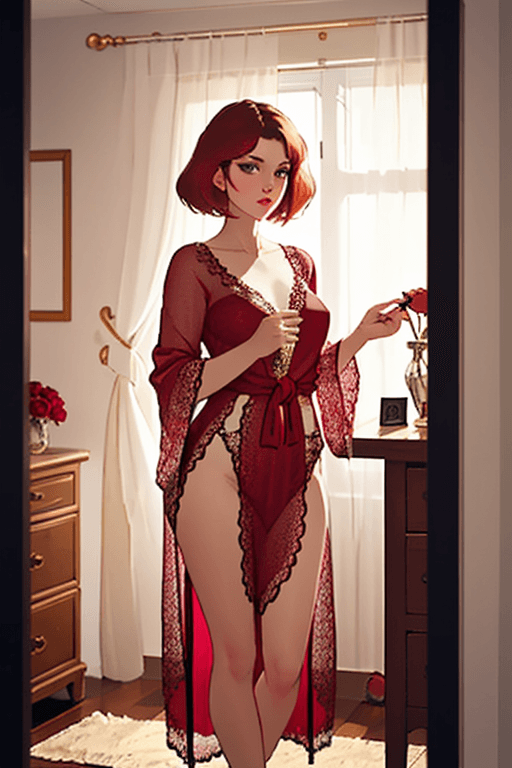 AI generated: Create an elegant boudoir scene featuring a red-haired woman dressed in a sheer red lace robe. She h...