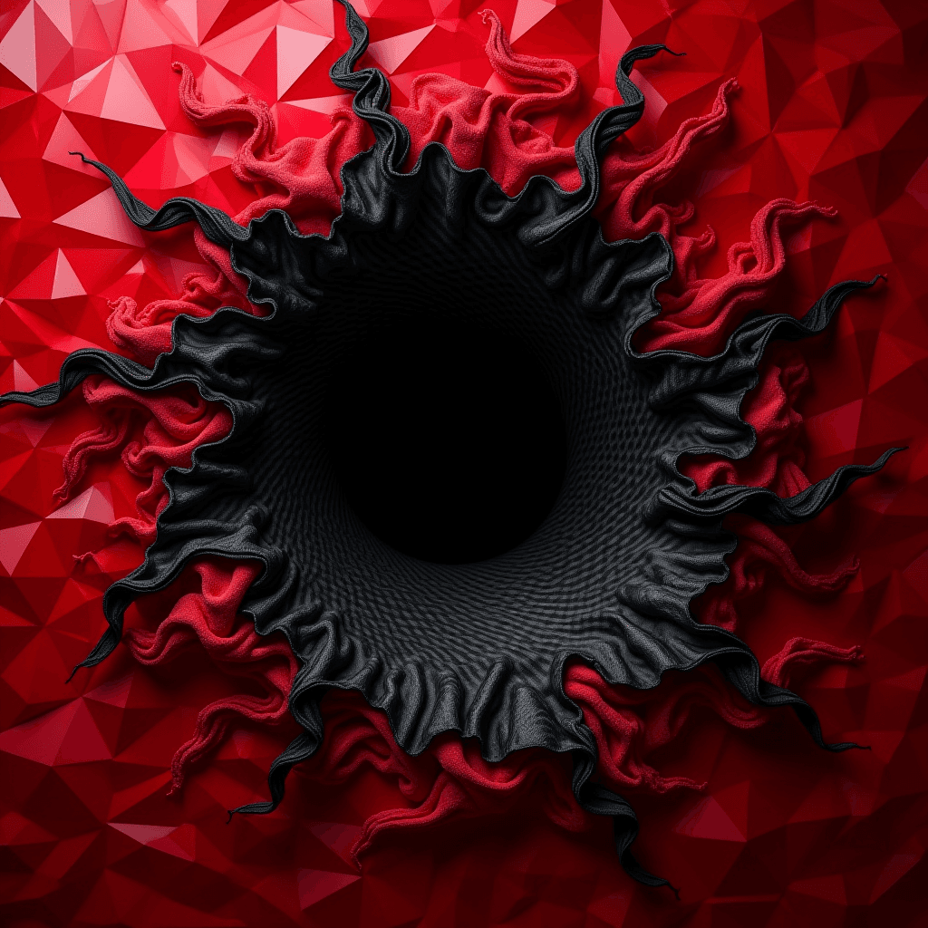 AI generated: Carbon fiber madness - a penta black hole in the middle - spilling carbon fiber and cloth towards al...