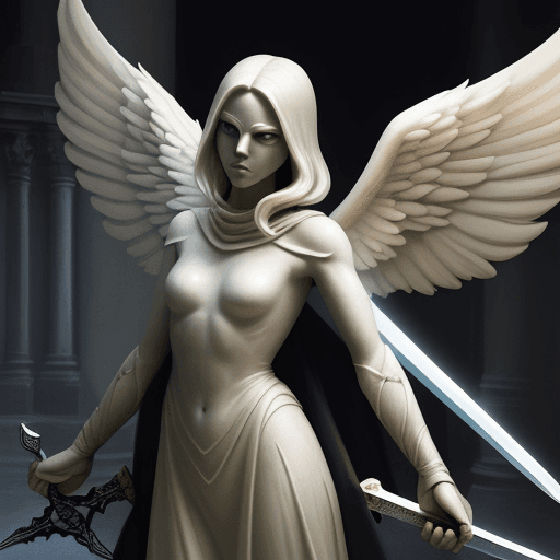 AI generated: Mysterious anti-hero angel, who has a sword and unimaginable wisdom with a lot of personal developme...