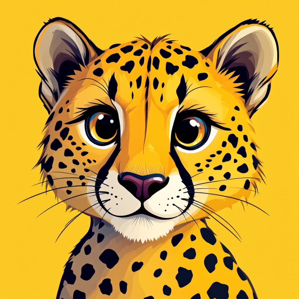 AI generated: illustration, vector cartoon-style, cute cheetah's face, zoom in, expressive eyes and a playful deme...