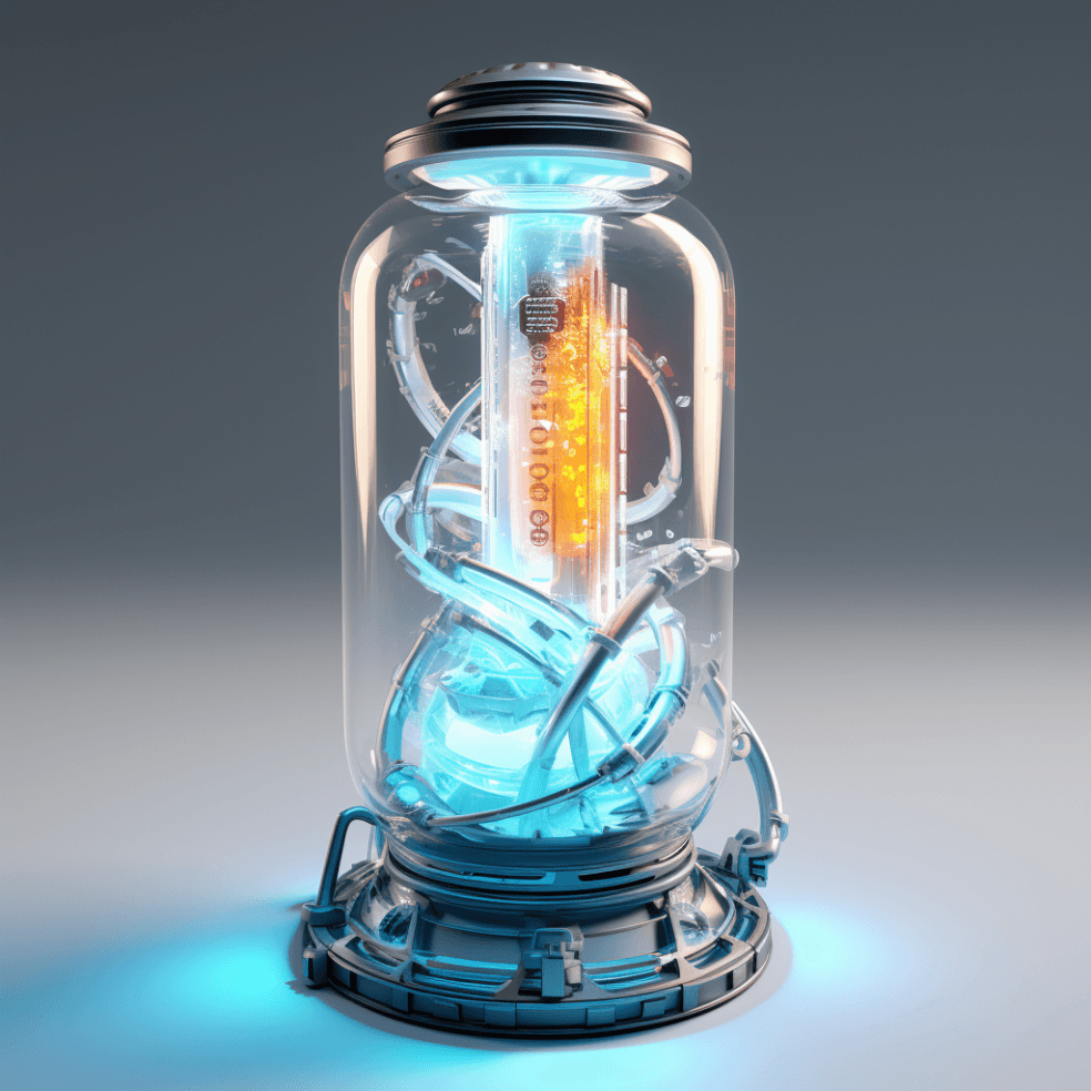 AI generated: something new material, futuristic energy resource, in the unique bottle, detailed, in style of arts...