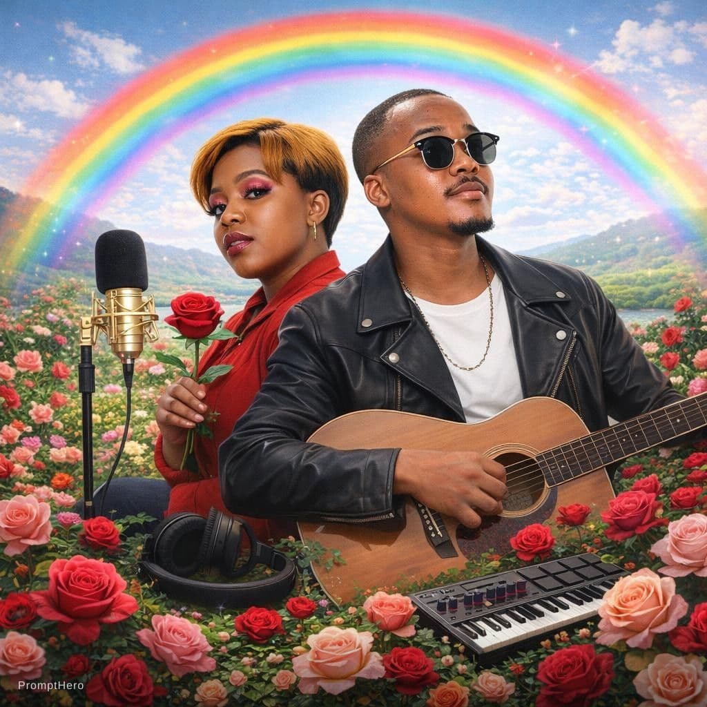 AI generated: A lovely peaceful place with Rose and Music Equipment in Rainbow