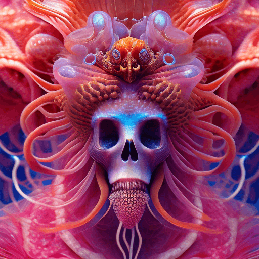 AI generated: Goddess close-up portrait ribcagel. jellyfish phoenix head, nautilus, orchid, skull, betta fish, bio...