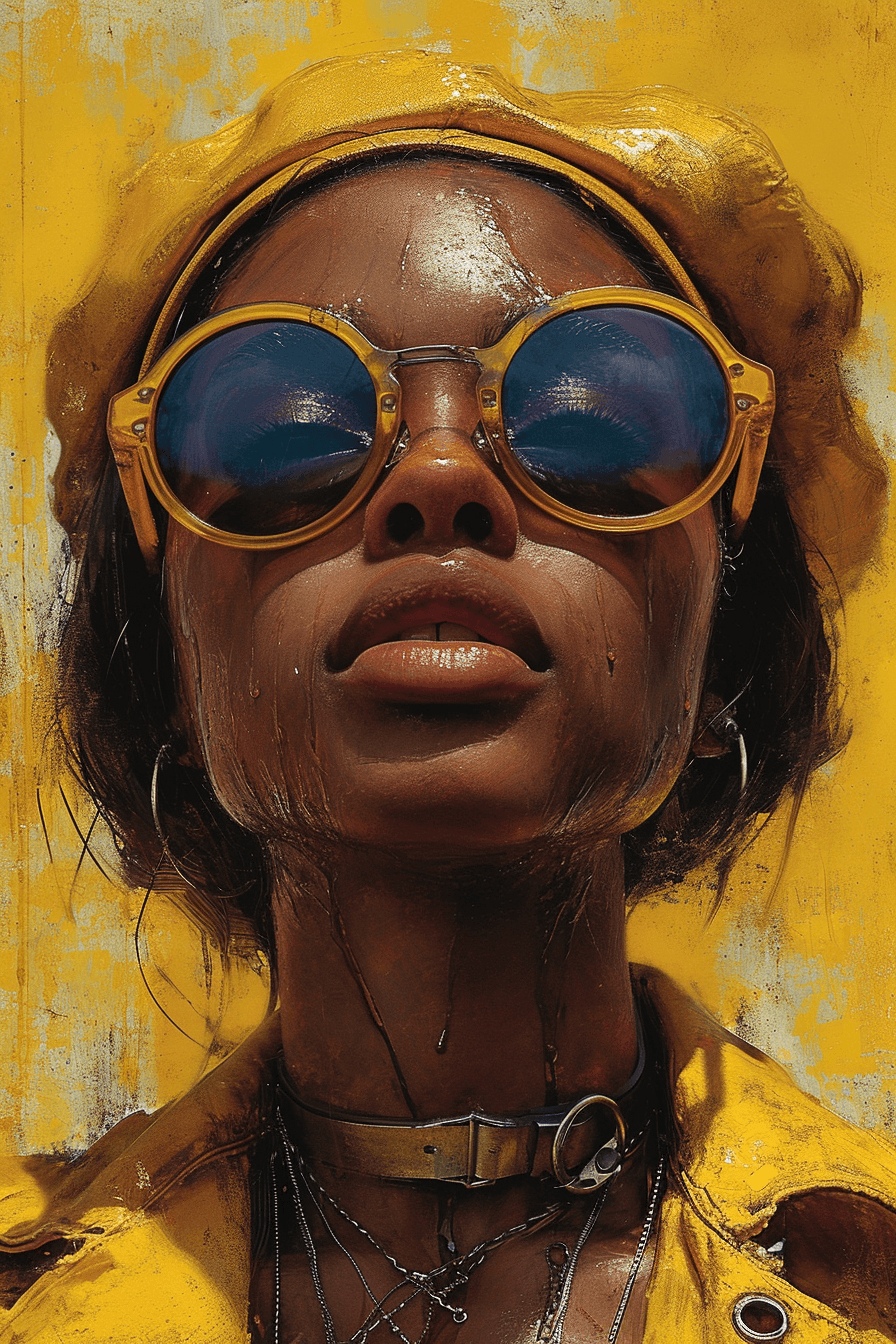 AI generated: cover art exhibition, in the style of alex maleev, afrofuturism, yellow and indigo, mike deodato, bl...