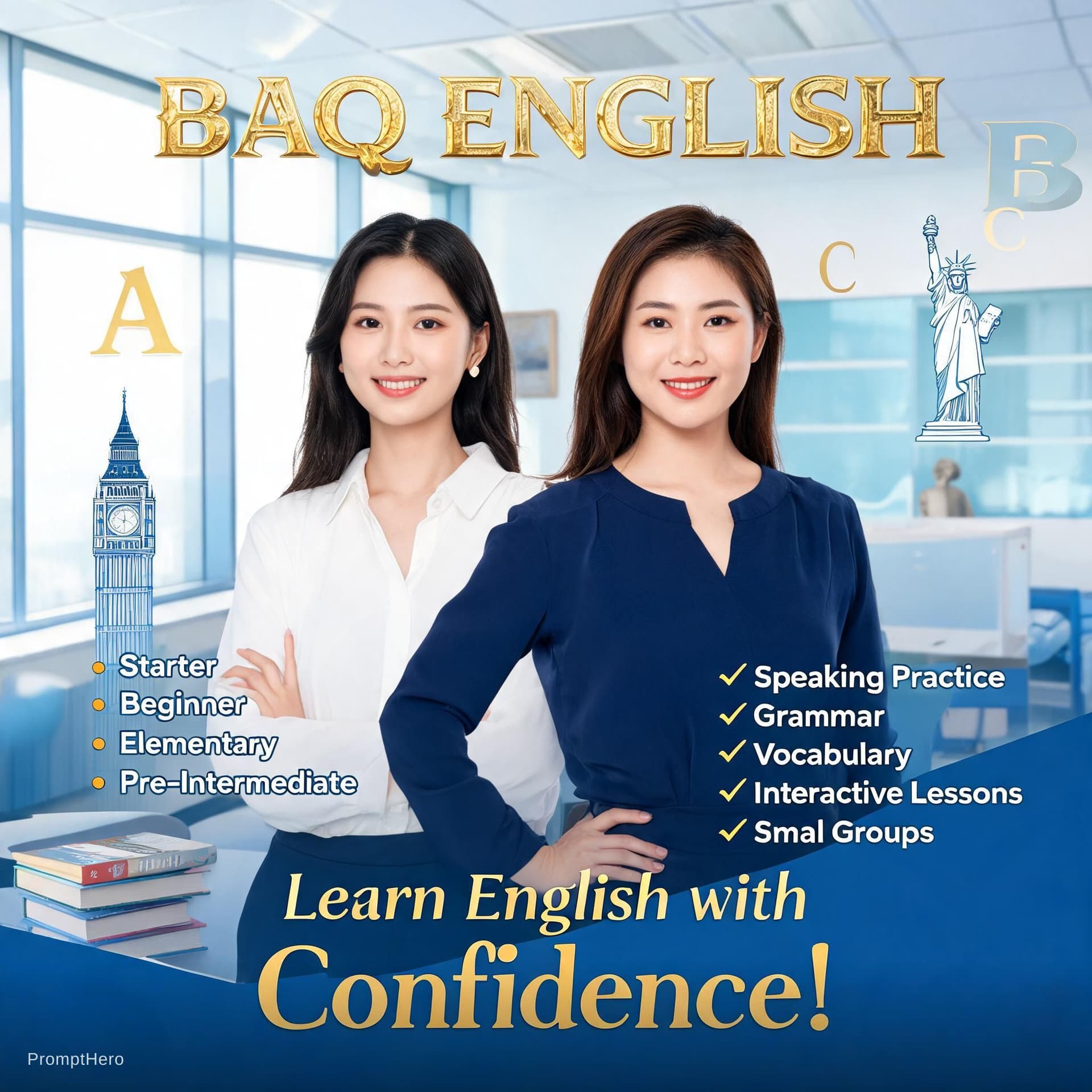 AI generated: 
553873.jpg
Create a modern and premium English course advertisement for "BAQ English".

Use two rea...